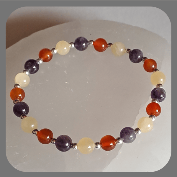 Carnelian, Ambronite, Amethyst  and Sterling Silver bracelet