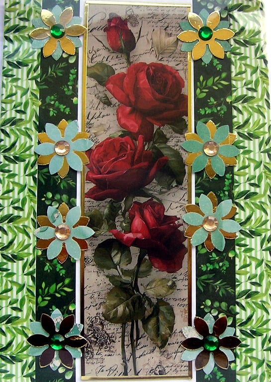 Red Rose Flowers - Hand Crafted Decoupage Greeting Card - Blank 3279