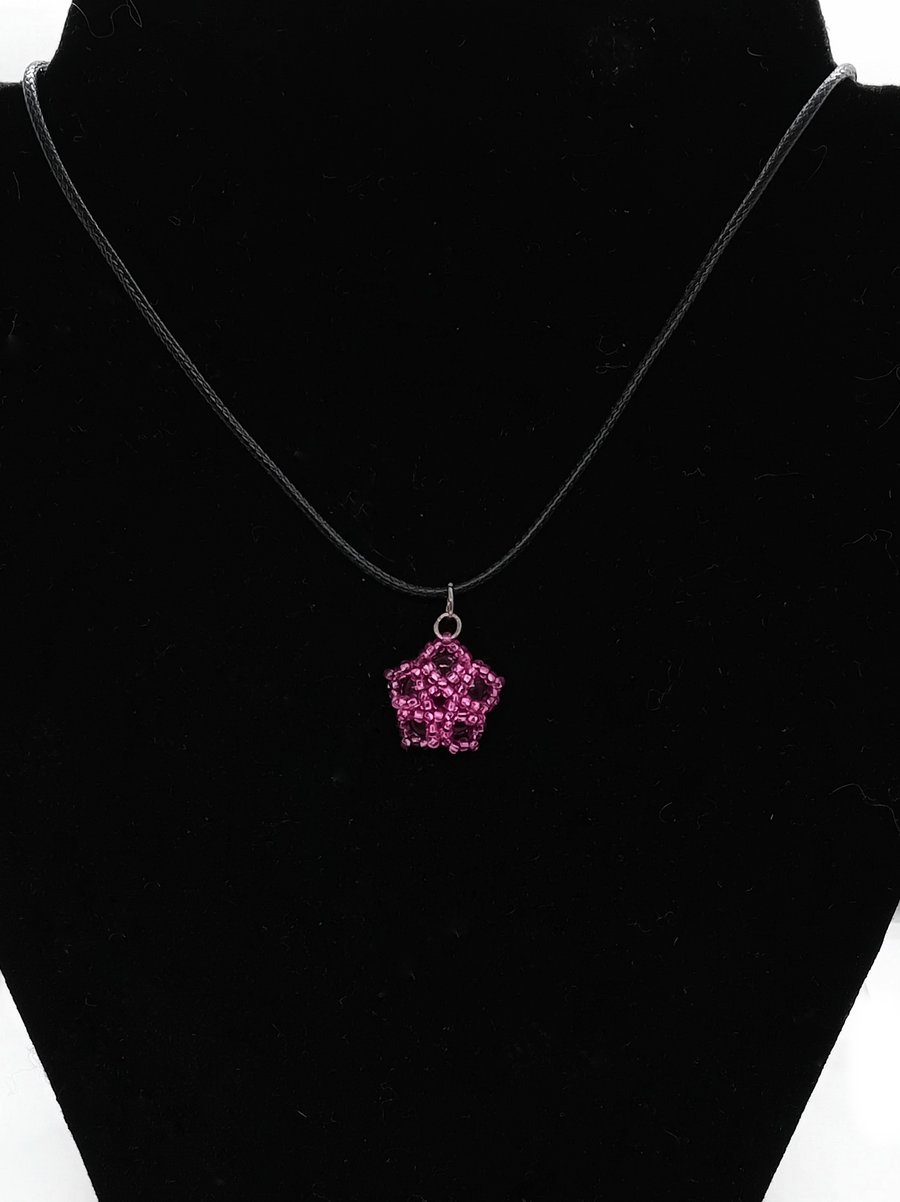 Pink and black beaded flower pendant cord necklace