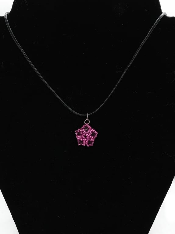Pink and black beaded flower pendant cord necklace