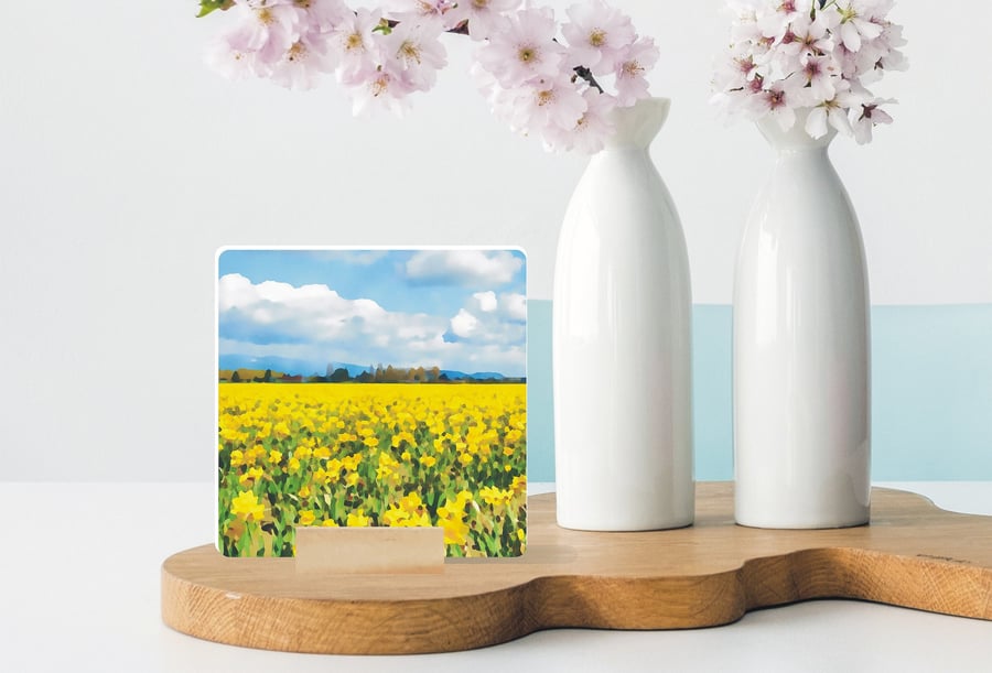 Daffodil Field Mini Ceramic Tile Art - Easter Gift For Mum or Grandma