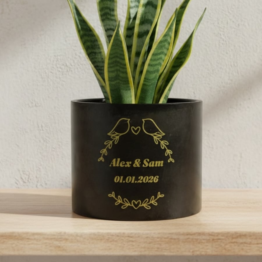 Personalised Black Plant Pot with Gold Text 