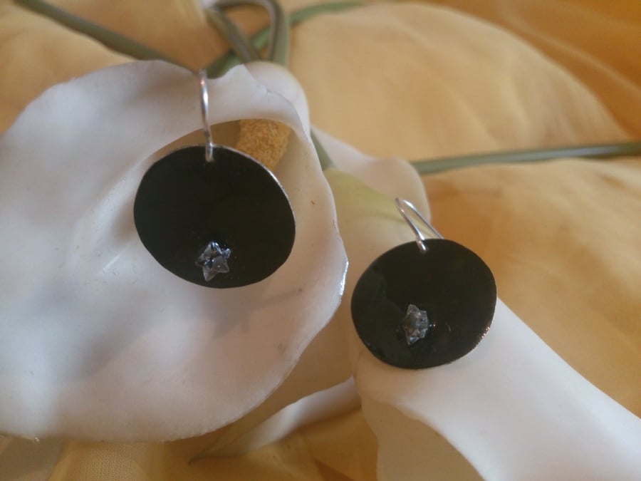 Black enamel and star sterling silver earrings