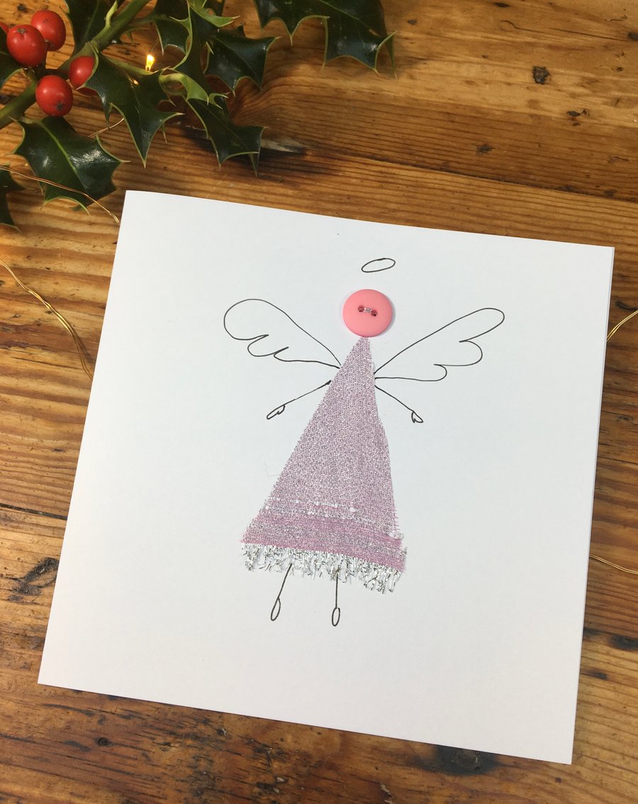 Pink sparkle Angel Christmas card - Pink fairy Card - Button art card