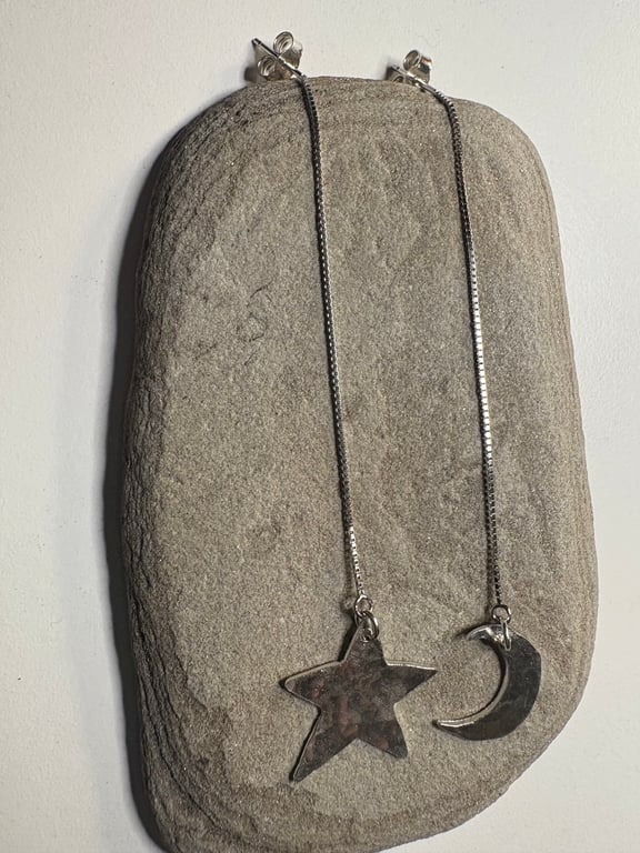 Moon and sun dangly earrings - sterling silver