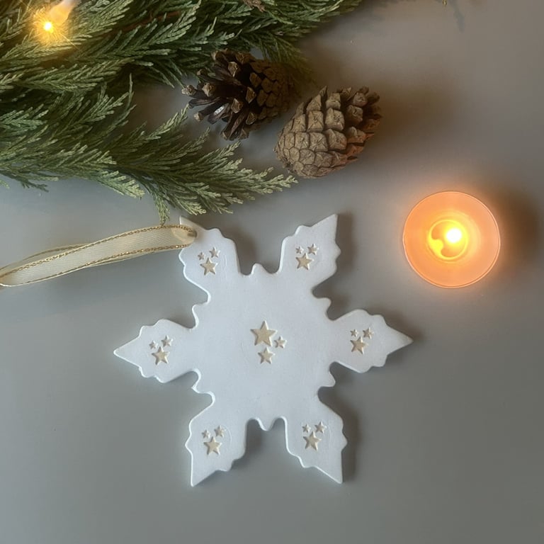 Clay Snowflake Christmas Decoration, Rustic Folk Art Ornament
