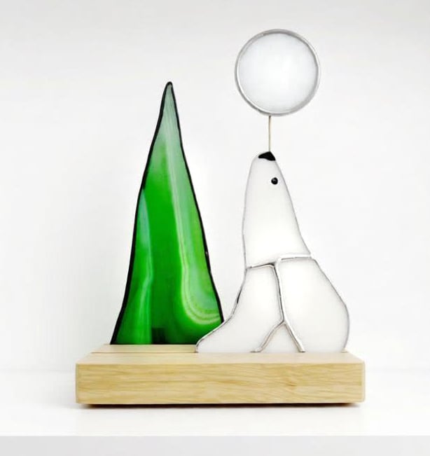 Polar Bear with Full Moon and Fir Tree 3D glass art ornament suncatcher.