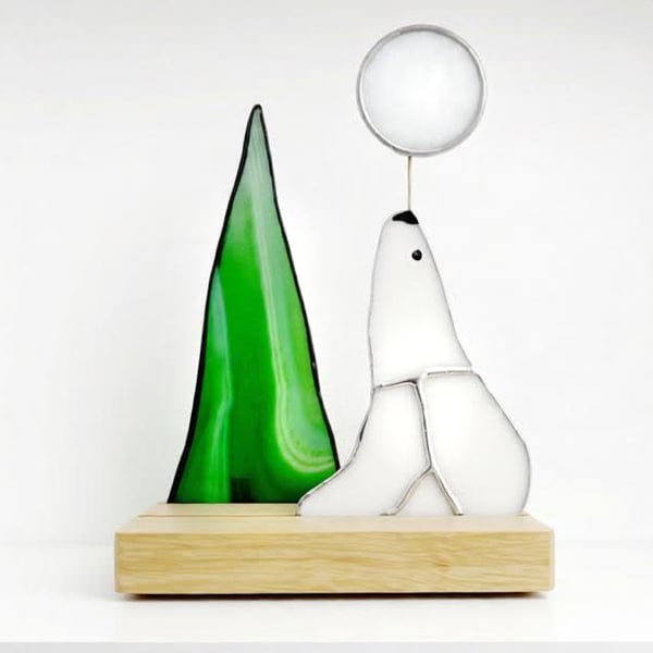 Polar Bear with Full Moon and Fir Tree 3D glass art ornament suncatcher.