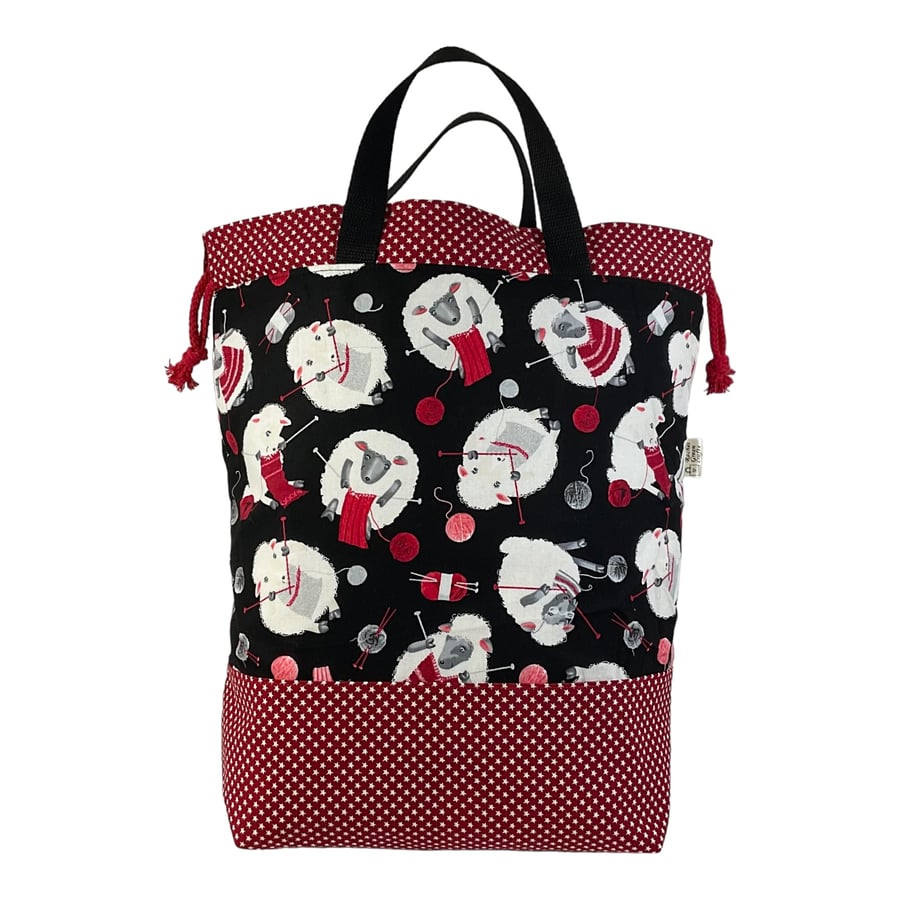 Extra Large drawstring knitting bag with sheep print, multi pockets project bag 