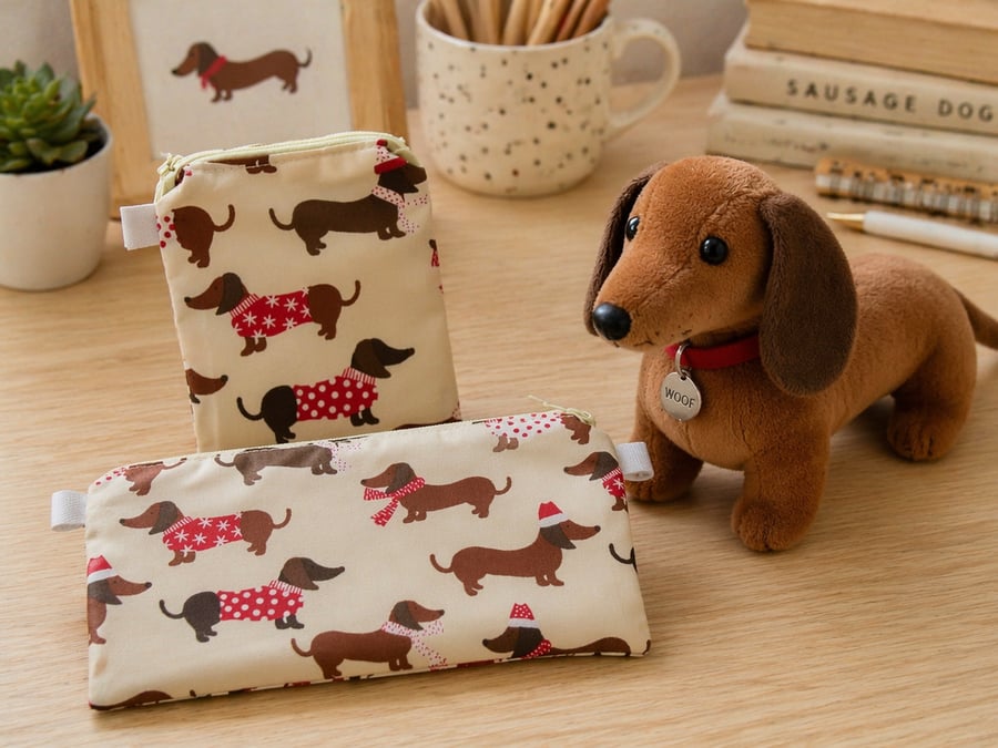 Sausage Dog Gift Set Purse, Card Holder & Small Make Up Bag or Pencil Case.