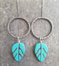 Turquoise leaf earrings, Large oxidised silver hoops, Howlite gemstone - Image 4