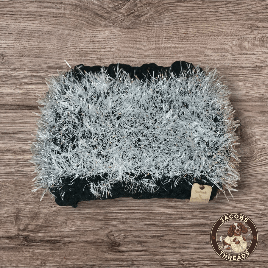 Hand-knitted Silver Sparkle Dog Snood – Cosy Ear Warmer