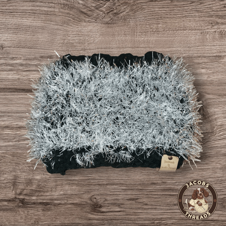 Hand-knitted Silver Sparkle Dog Snood – Cosy Ear Warmer