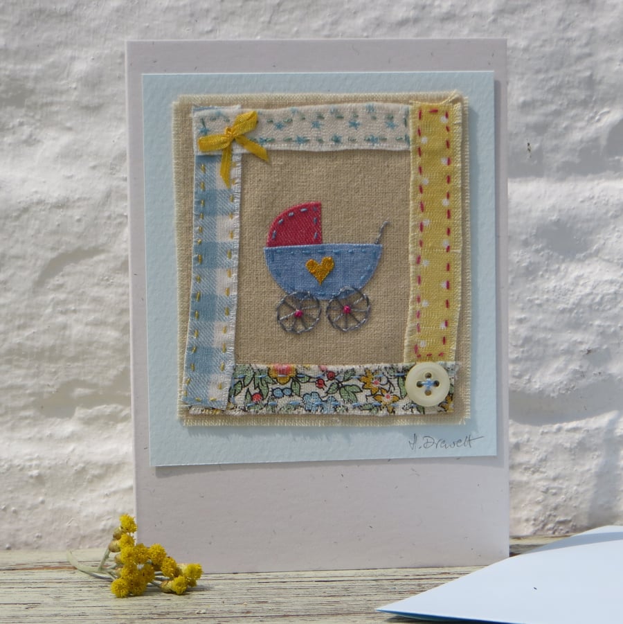 Little pram embroidery on card to welcome a new baby, boy or girl
