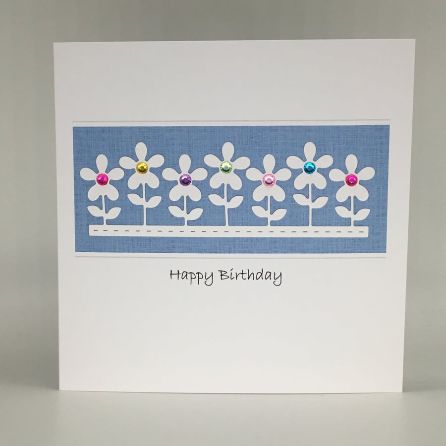 Row of flowers birthday card - blue