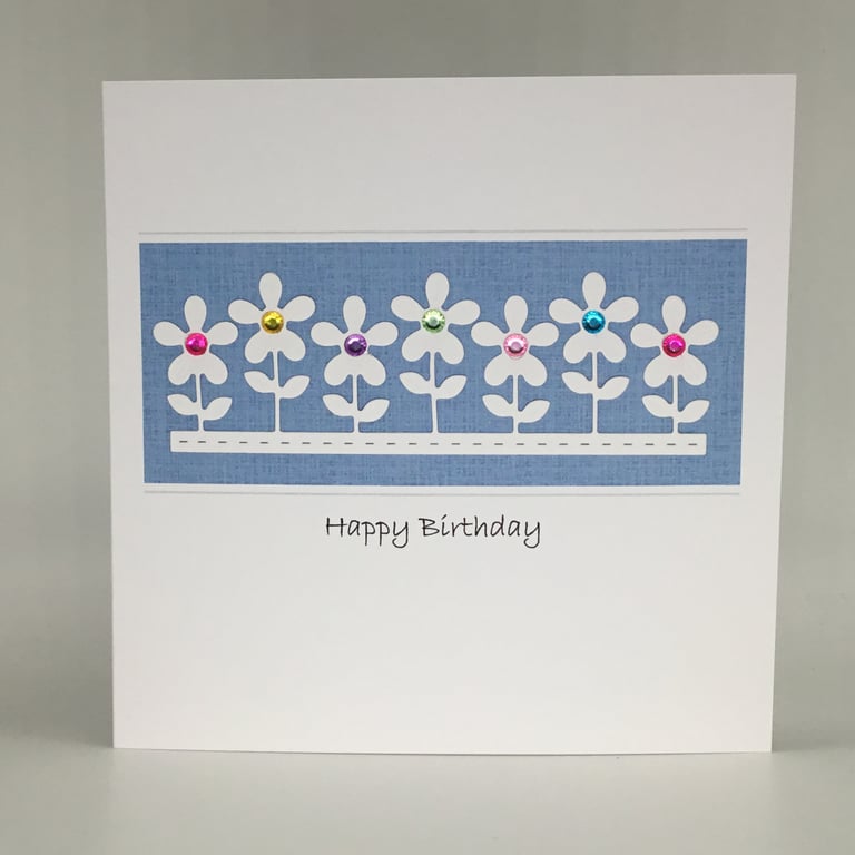 Row of flowers birthday card - blue