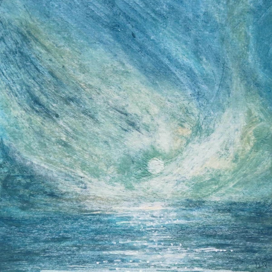 Summer moonrise original mixed media art mounted and ready to standard frame 