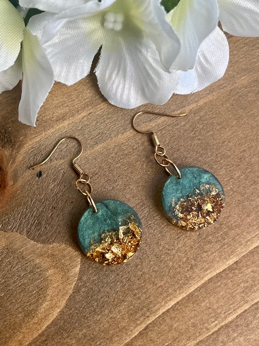 Green and gold resin dangle earrings