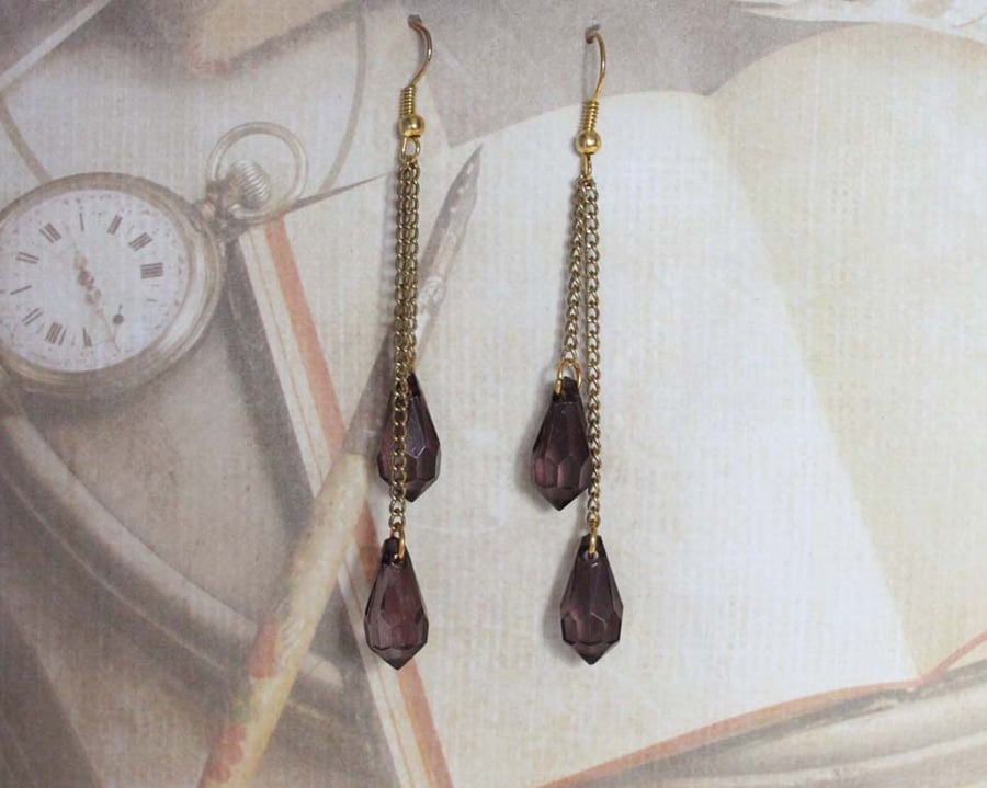 Steampunk Victorian Gold and Black Teardrop Dangle Hook Gold Earrings