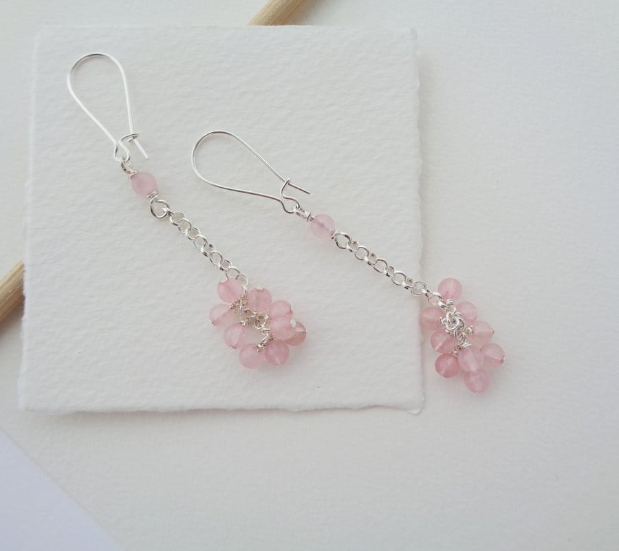 Pink Quartz Silver Earrings, Long Drop Cluster Strawberry Gemstone Kidney Wire
