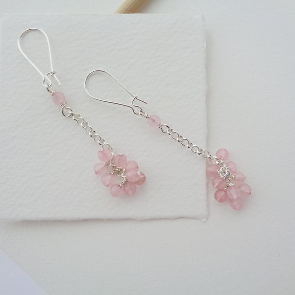 Pink Quartz Silver Earrings, Long Drop Cluster Strawberry Gemstone Kidney Wire