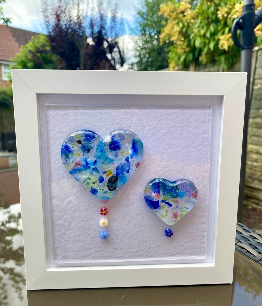 SALE! Hand made fused glass framed heart duo