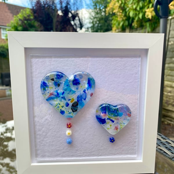 SALE! Hand made fused glass framed heart duo