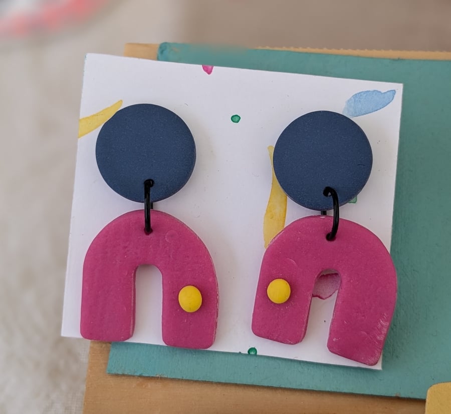 Dangly earrings, navy and pink, polymer clay 