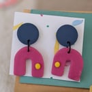 Dangly earrings, navy and pink, polymer clay 