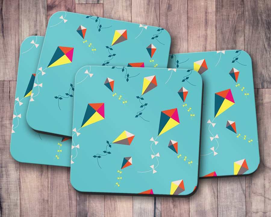 Set of 4 Turquoise with Multicoloured Kites Design Coasters