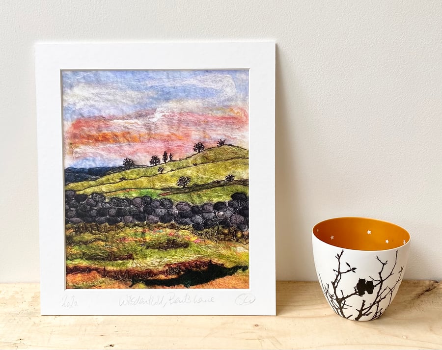Sunset Landscape over a dry stone wall mounted textile art print of Yorkshire. 
