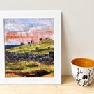 Sunset Landscape over a dry stone wall mounted textile art print of Yorkshire. 