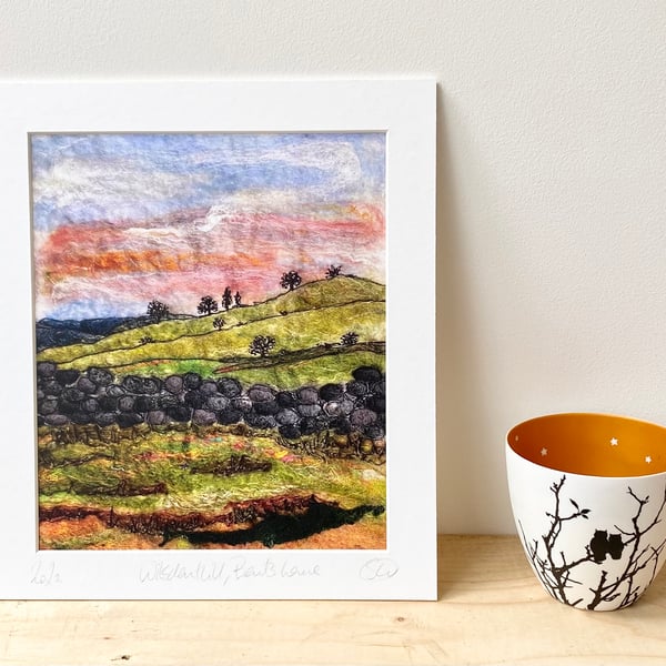 Sunset Landscape over a dry stone wall mounted textile art print of Yorkshire. 