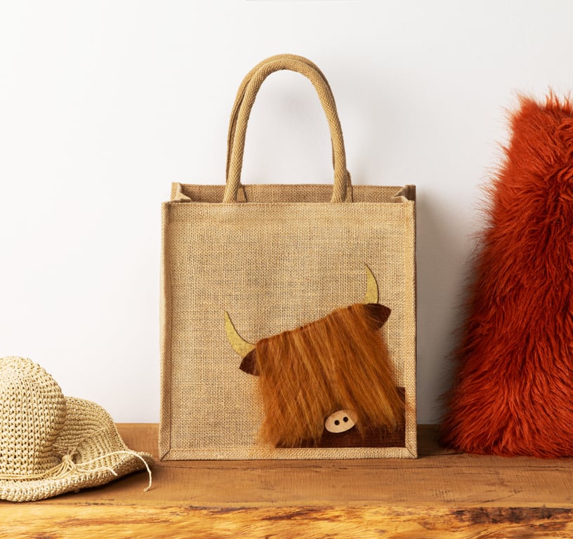 Medium Sized Jute Hessian Peekaboo Highland Cow Coo Natural Tote Shopping Bag 