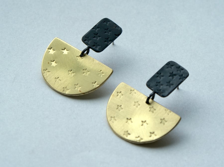 Brass star semi circle drop earrings