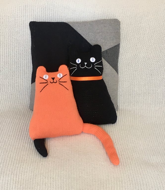 Hand knitted ginger cat,   collectables, cat shaped cushion    