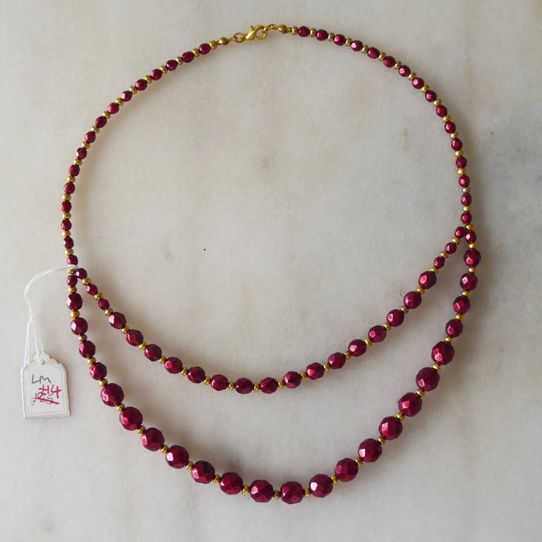 Dark Red Faceted beads Beaded Necklace with Gold Accents - Summer Seconds