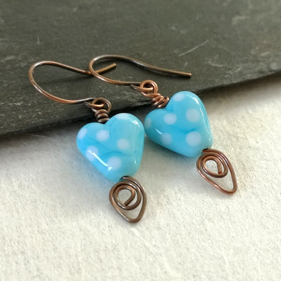 Copper earrings with turquoise polka dot heart bead