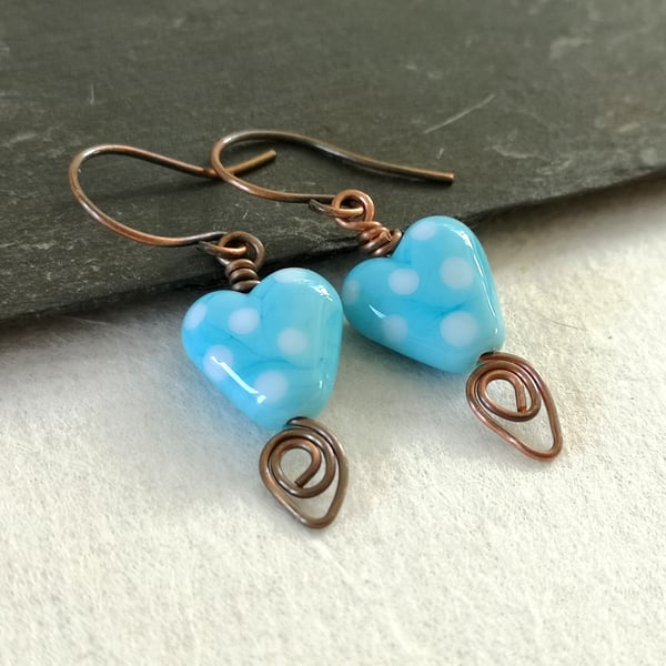 Copper earrings with turquoise polka dot heart bead