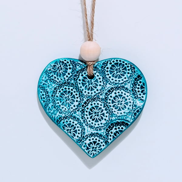 Turquoise clay heart embossed hanging decoration, gift for her 