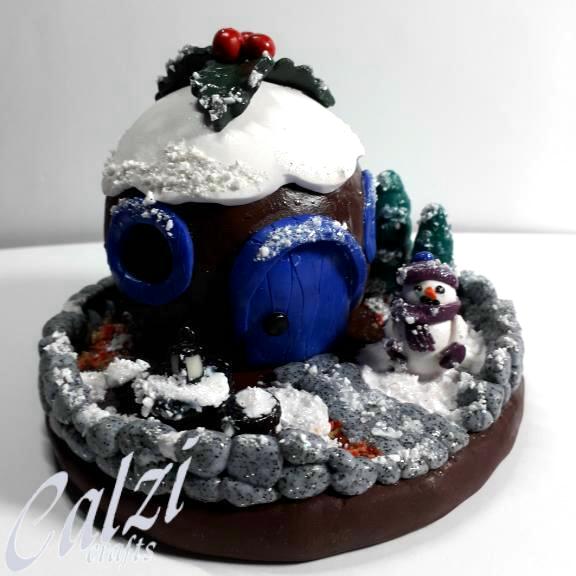 Polymer Clay Christmas Pudding Fairy House Tealight Holder (Blue)