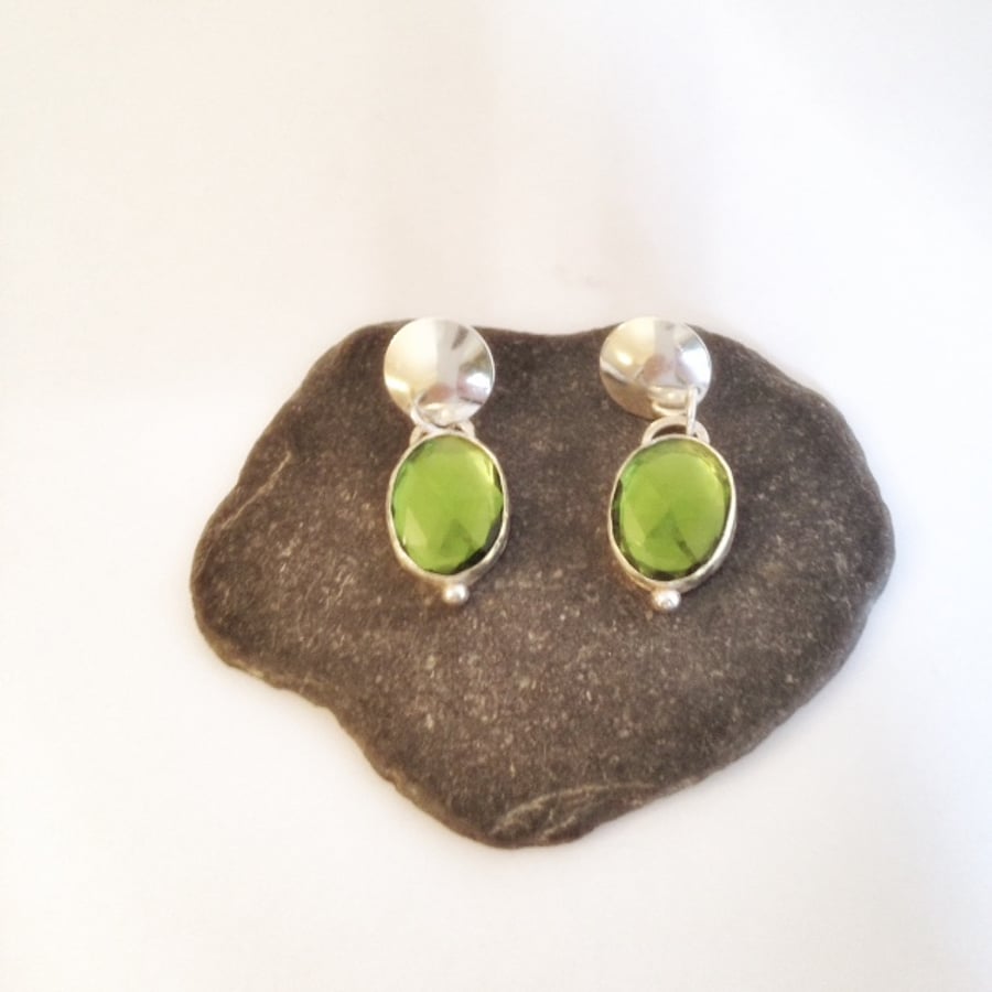 Large Emerald Green and Sterling Silver Earrings - Handmade Silver Earrings