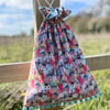 Drawstring bag - little houses with pompoms and reclaimed gingham lining