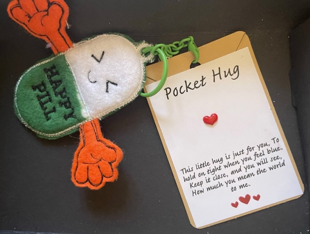 Pocket Hugs – Emotional Support,Gift, keyring, bag tag. Happy Pill 