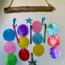 Rainbow Ocean Windchime  Driftwood, Capiz Discs & Turtle Charm