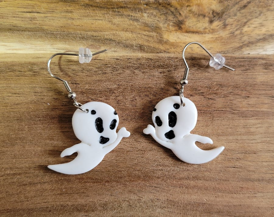 Polymer Clay Halloween Casper Ghost Earrings, 316 Surgical Stainless Steel
