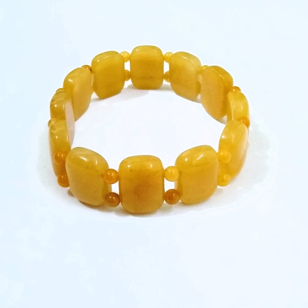 Yellow Quartzite Jade Natural Rectangular Gemstone Cuff Stretchy Bracelet 7.5 "