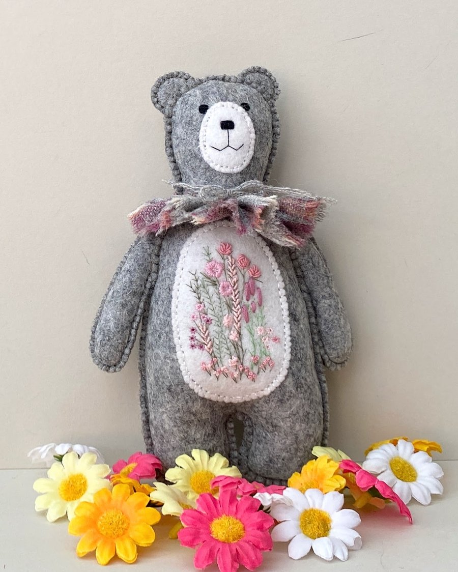 Teddy bear wall decor, hand sewn animal doll, woodland bear to stand or hang 