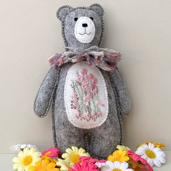 Teddy bear wall decor, hand sewn animal doll, woodland bear to stand or hang 