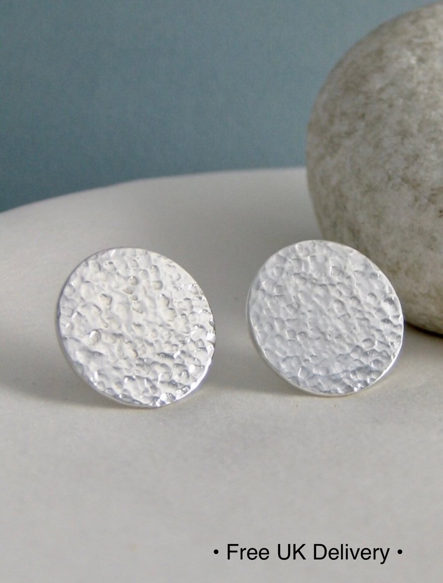 Sterling Silver Round Disc Ear Stud Earrings 15mm Hammered-Sparkly - Handmade UK